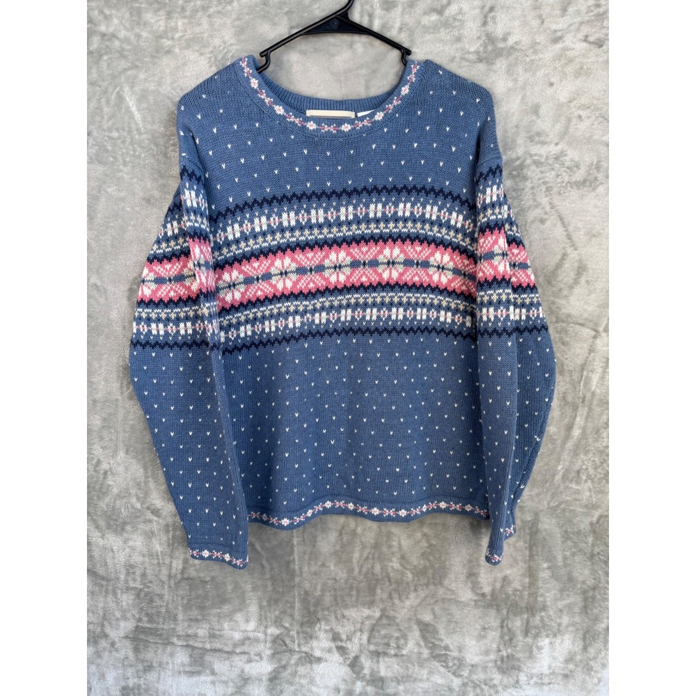 Erika Classics Womens L Blue Fair Isle Sweater Ramie Cotton Knit Y2K‎ Retro Knit